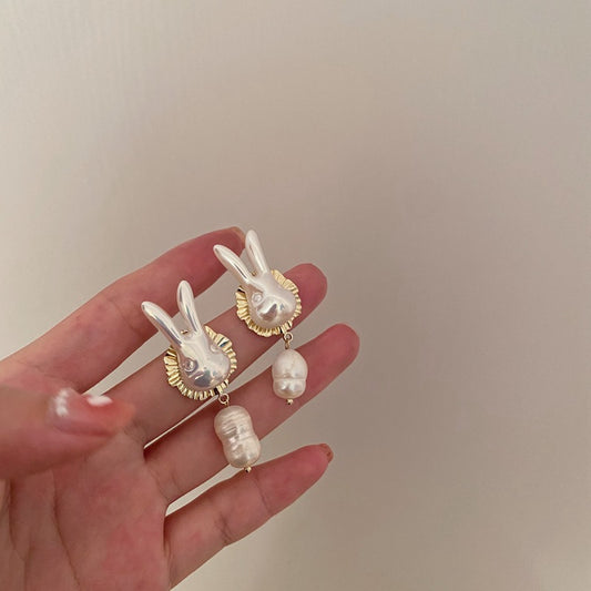 925 Silver Needle Cute Pearl Bunny Baroque Pearl