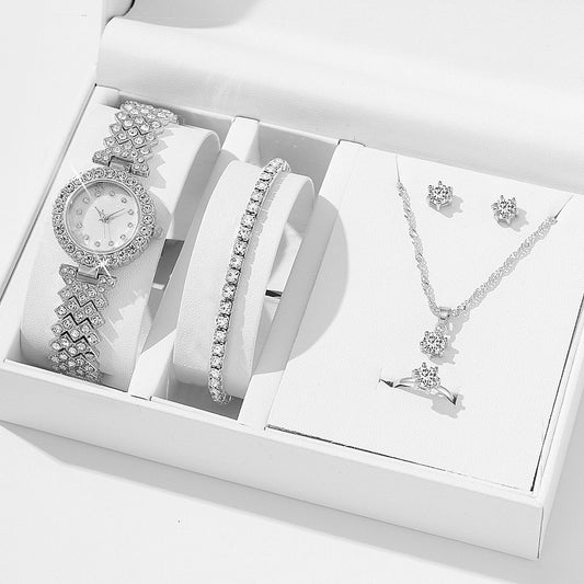 5 Piece Diamond Bracelet Necklace Stud Ring Watch Jewelry Set