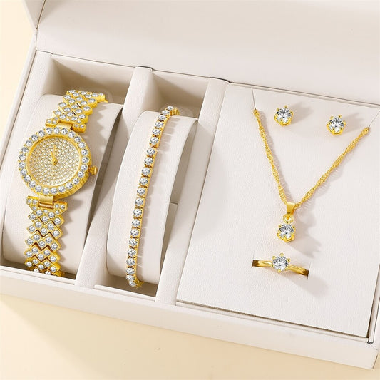 5 Piece Diamond Bracelet Necklace Stud Ring Watch Jewelry Set