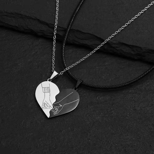 Stella  - Stainless Steel Heart Design Hand In Hand Lover Pendant Necklace Set